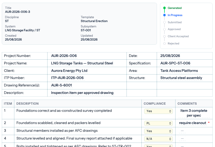 Coda ITR record: structural erection inspection sheet with sign-off status trail